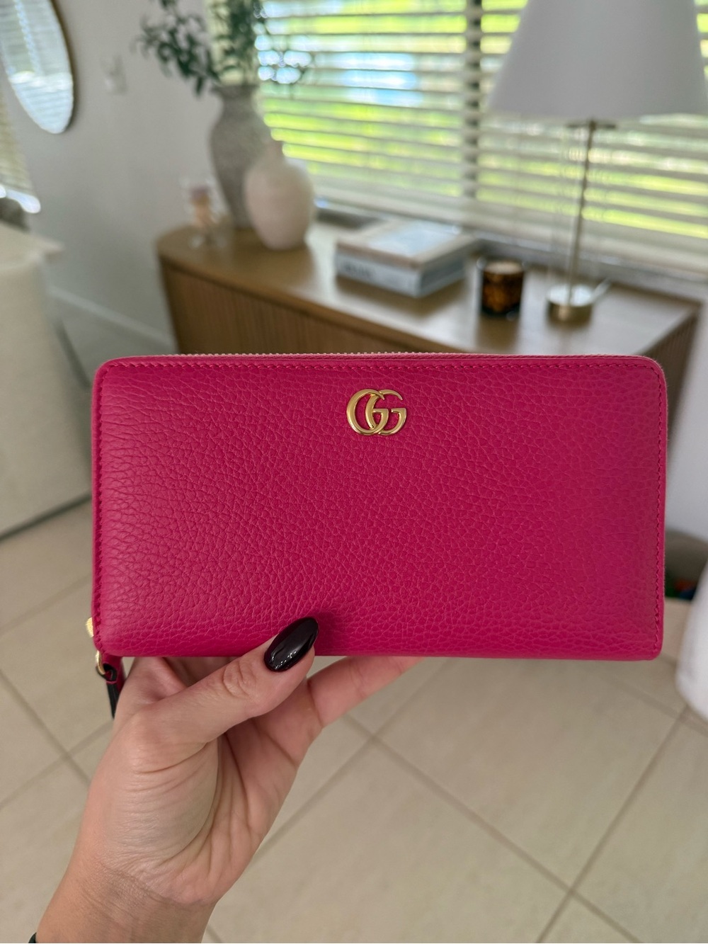 Gucci Hot Pink Pebbled Leather Zip Wallet with Gold GG